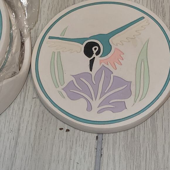 Vtg Southwestern Hummingbird Ceramic Coaster Set Of 4 NWOT Coastal Boho - Picture 11 of 11